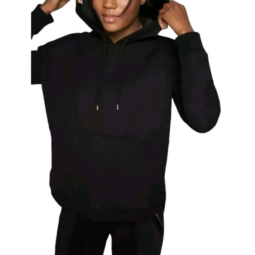 Athleta Cityscape Popover Black Sweatshirt French Terry Hi Low Hoodie sz Large